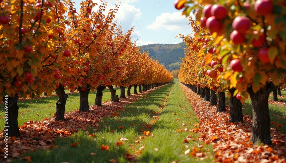 Naklejka premium Colorful Autumn Orchard with Ripe Apples Ready for Picking