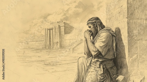 Biblical Illustration of Amaziah Returning to His Palace in Humiliation in 2 Chronicles, Reflecting on Consequences of His Pride and Idolatry, Beige Background