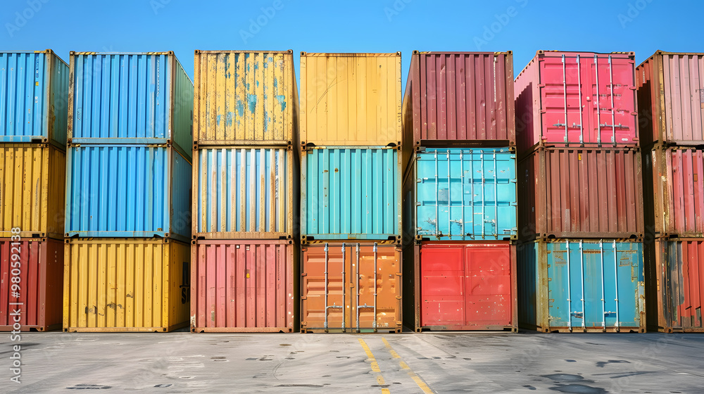 Fototapeta premium Multi-colored cargo containers on the pier of a cargo logistics port. AI Generated
