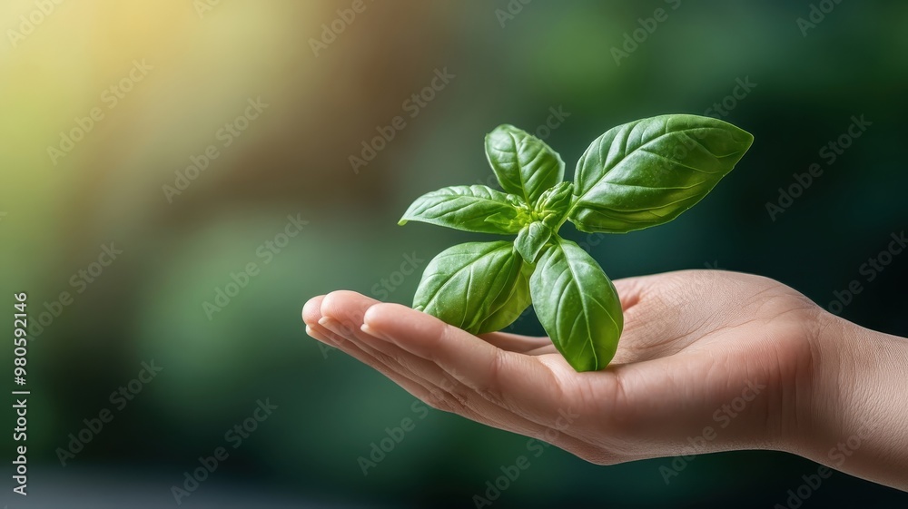 Hand touching basil leaf, veins mirroring lines on palm, symbolizing connection.