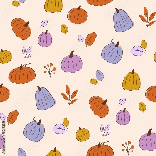 Colorful pattern with pumpkins and leaves. Design for wrapping paper, textile and wallpaper.