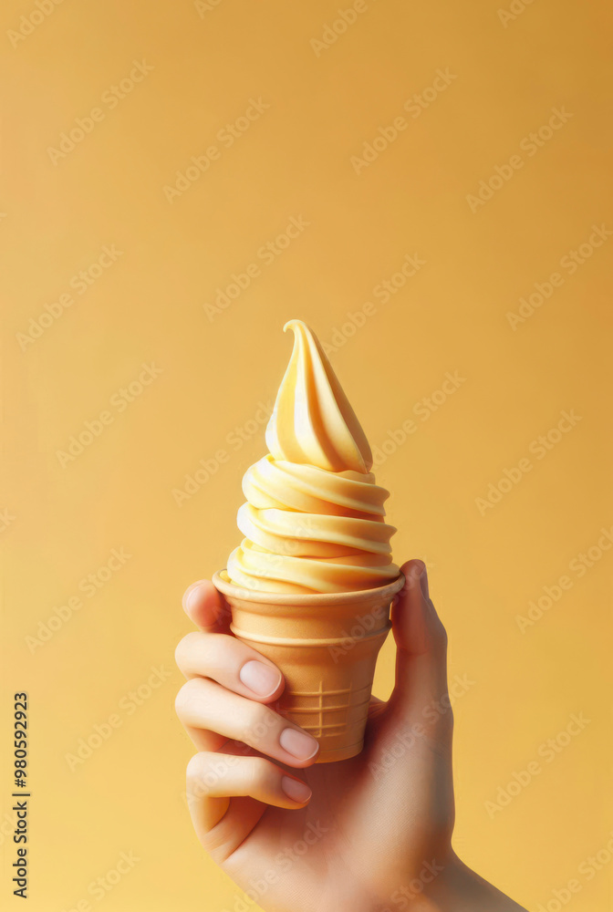 Hand holding soft serve soft yellow corn banana flavour yoghurt Ice cream cone. Hand holding soft serve soft yellow corn banana flavour yoghurt Ice cream cone.