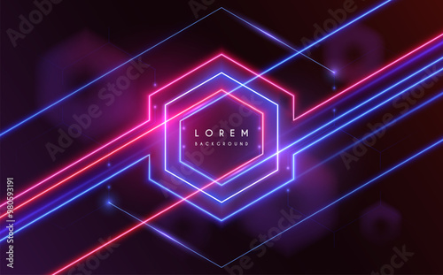 Neon light hexagonal frame with glow effect