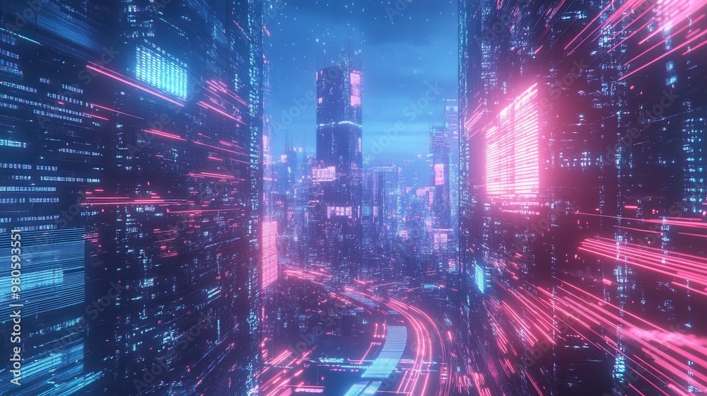 Fototapeta premium Futuristic Cityscape with Neon Lights and Digital Flow