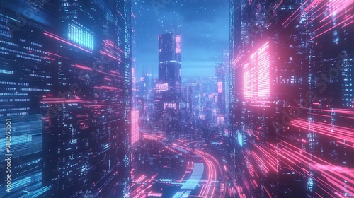 Futuristic Cityscape with Neon Lights and Digital Flow