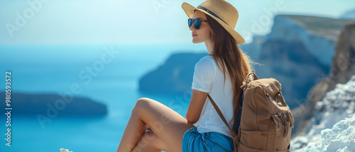 A beautiful woman in a white t-shirt and blue shorts, wearing sunglasses and a straw hat.