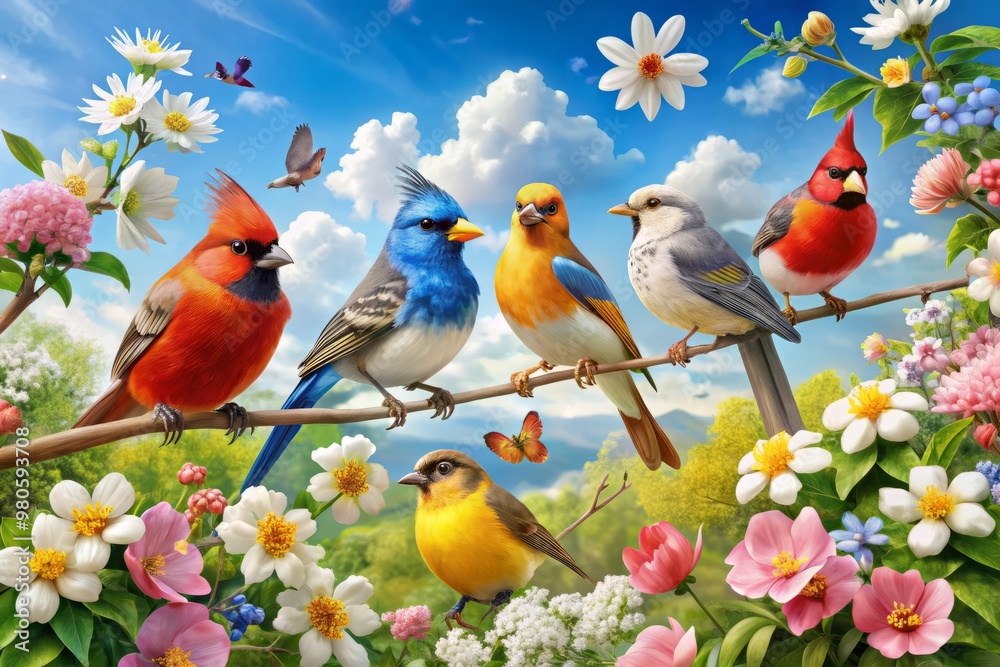 Obraz premium Colorful cartoon birds, including robins, blue jays, and cardinals, perch on branches of blooming flowers amidst sunshine and fluffy white clouds.