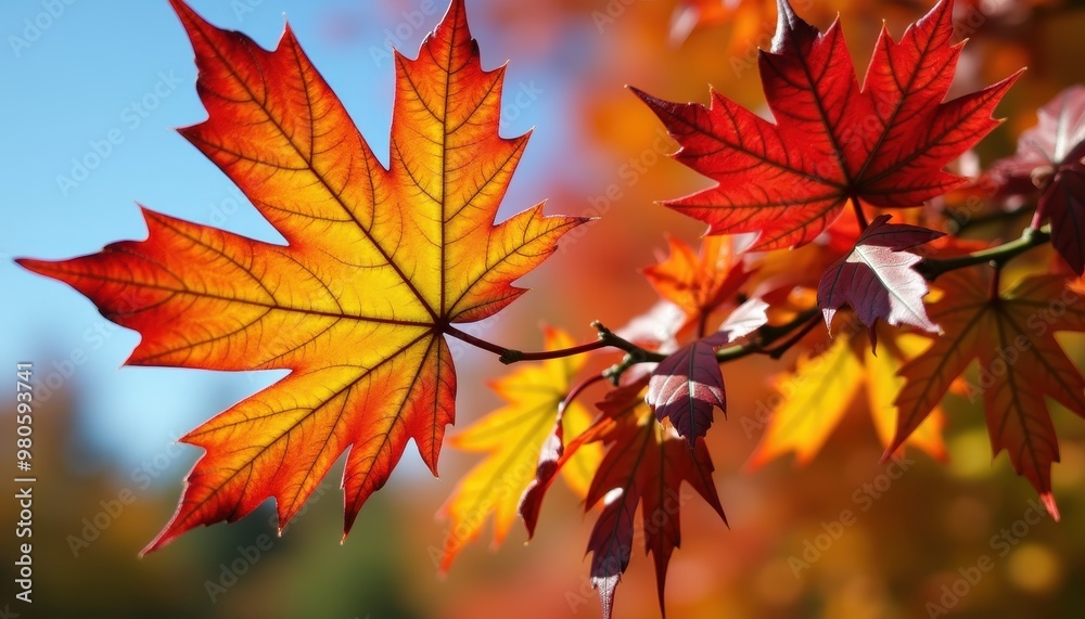 Close-up of Vibrant Autumn Leaves in Various Stages of Color Change, from Green to Red, Set Against a Crisp Blue Sky