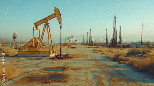 Oil well pump jacks in action, extracting crude oil in the california desert