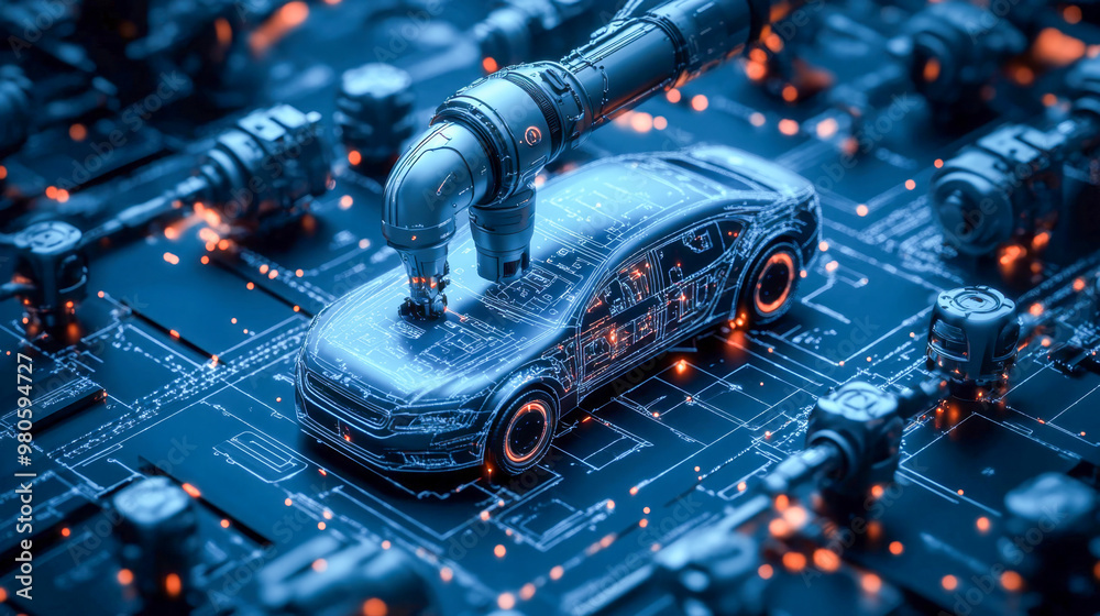 Fototapeta premium The future of automotive manufacturing: a robotic arm assembling an electric car on a circuit board