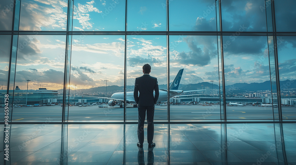 Fototapeta premium A businessman in a suit looking at an airplane through a large glass window