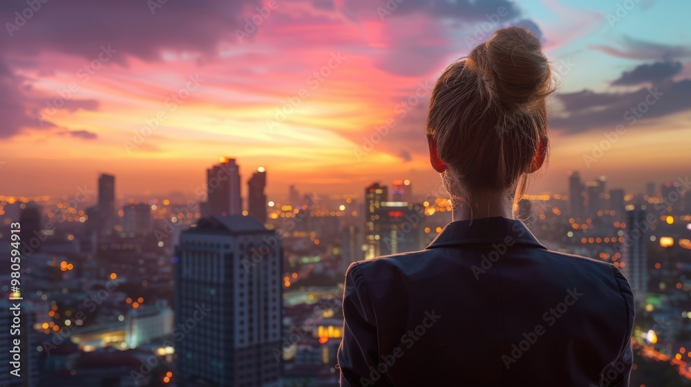 back view of a beautiful woman looking over cityscape 