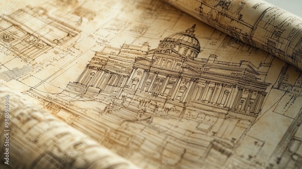 Obraz premium Vintage Architectural Blueprint of a Historical Building