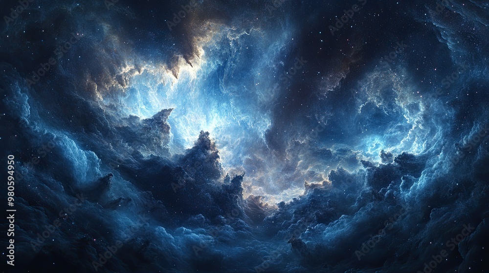 Fototapeta premium Enchanting void with intricate nebula formations and sparkling celestial dust forming an awe-inspiring cosmic landscape