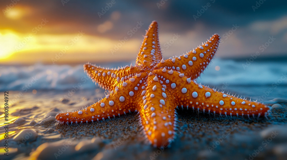 Orange starfish with white dots is laying on the beach as the waves roll in at sunset Orange starfish with white dots is laying on the beach as the waves roll in at sunset
