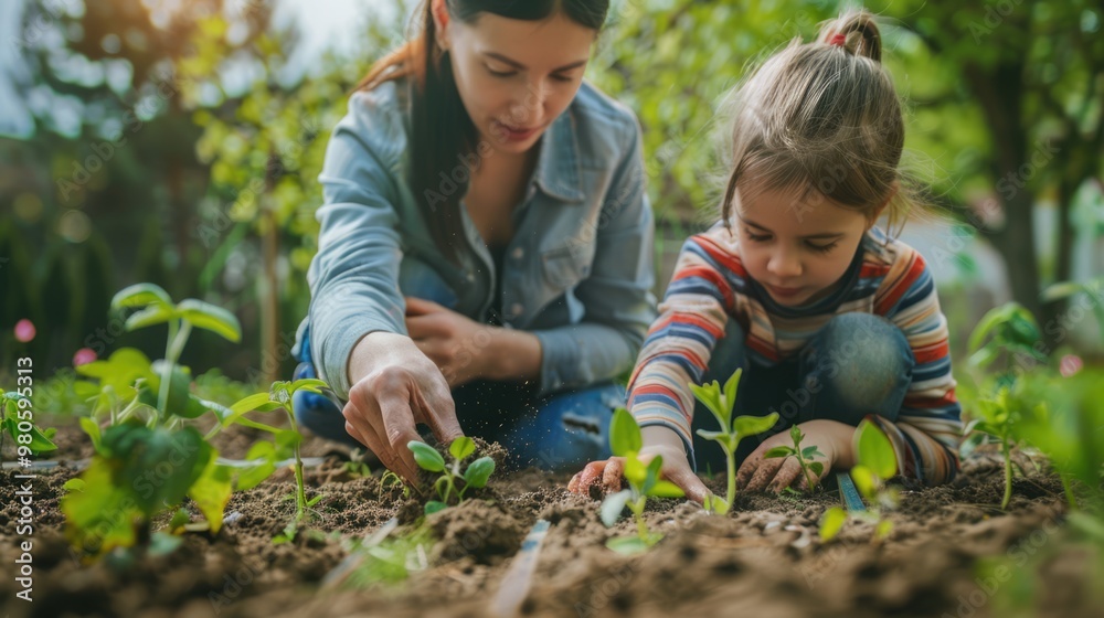 mother and daughter planting in garden mother and daughter planting in garden