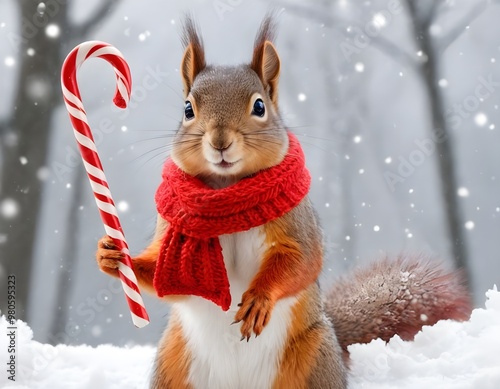 A cheerful squirrel dressed in a Santa hat and red scarf poses in the snow during winter festivities photo