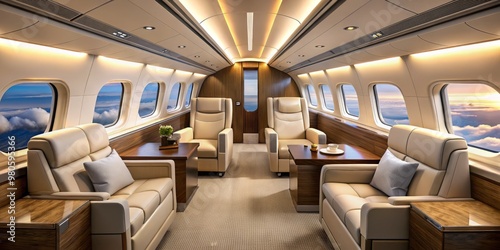 Luxurious aircraft cabin featuring cream-colored leather seats, polished wood trim, and sleek LED lighting, with a crystal-clear view of the clouds outside.