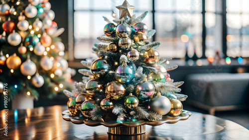 Holographic Christmas Tree: Isolated Festive Spirit with Colorful Ornaments for a Sparkling 2025 New Year Celebration on White Background