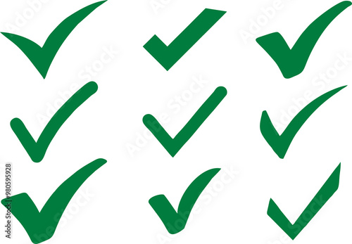 Green Check mark right or correct icon. Different designs and shapes. Check-mark icon for voting, approval, business, office, poster, and web designs. Transparent background, PNG file.