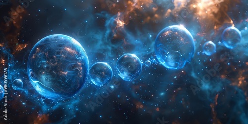 Abstract cosmic bubbles floating in deep space, creating a dreamlike scene of cosmic formations, symbolizing the vast mystery and beauty of the universe.