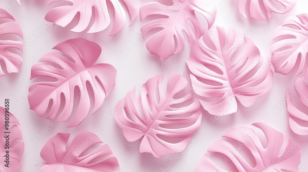 Obraz premium Pink tropical leaves arranged in a modern pattern on a white background. A vibrant and stylish design perfect for branding and marketing.