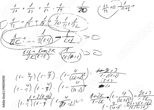 Set of mathematical formulas and solutions to problems and equations. Homework of a student. Vector image of algebra and geometry tasks.	
