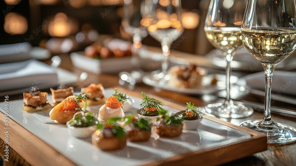 A stylish platter of gourmet appetizers paired with elegant wine glasses. A stylish platter of gourmet appetizers paired with elegant wine glasses.