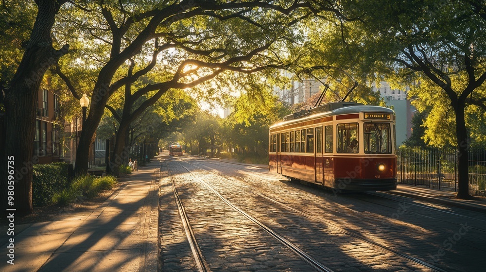 Obraz premium Vintage Streetcar Riding Through Sunlit City Streets
