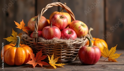 Close-up of a Basket Filled with Freshly Harvested Apples, Pumpkins, and Autumn Leaves Set Against a Rustic Wooden Background