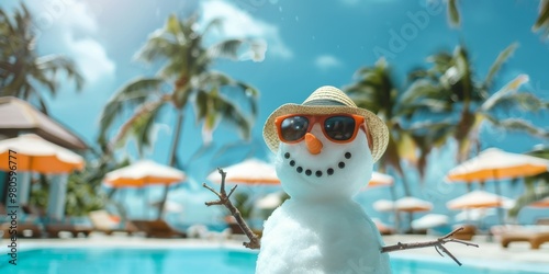 Indulge in a tropical oasis for a serene winter escape. Unwind by the pool enveloped by lush palm trees. Explore a quirky snowman with sunglasses and a hat in this oneofakind retreat photo