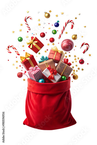 Santa Claus red bag full of gifts , Christmas gifts flying out of santa's red sack