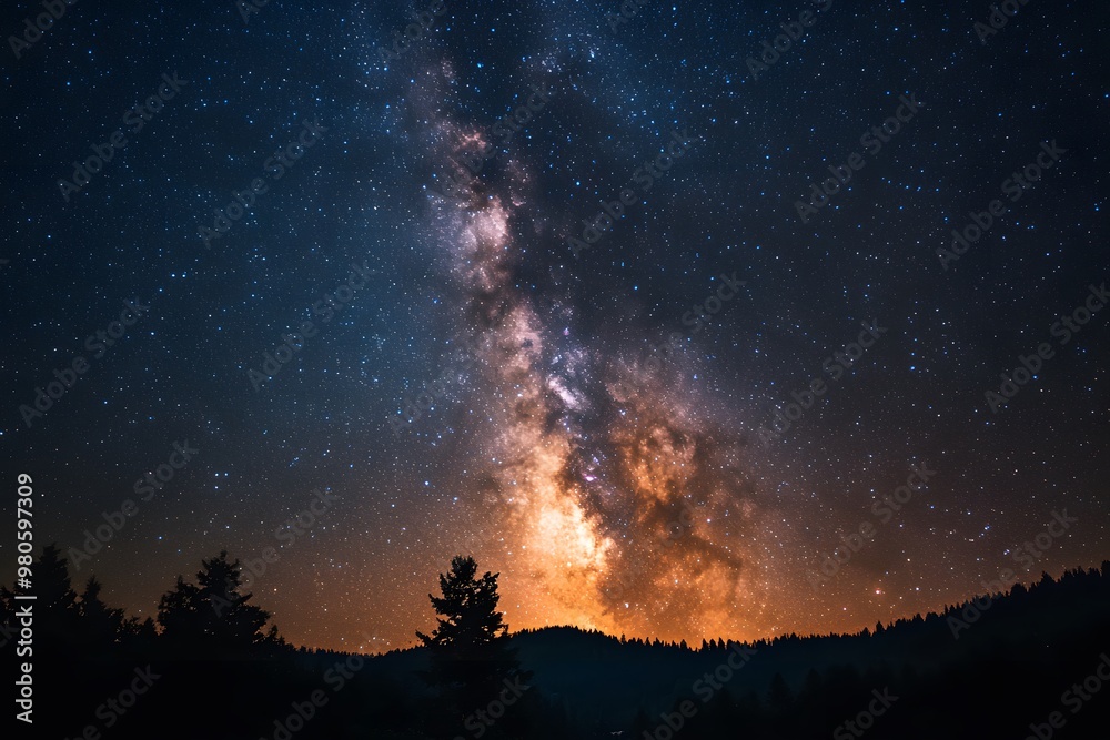 Starry sky, Milky Way galaxy at the center of the frame, dark background