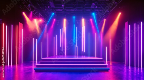 Multicolor stage design with soft neon lights and abstract patterns creating a modern ambiance, leaving room for copy space. photo