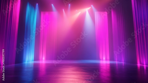 Multicolor stage design with soft neon lights and abstract patterns creating a modern ambiance, leaving room for copy space.