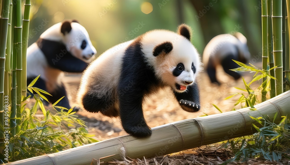 Fototapeta premium Playful panda cub jumps on bamboo