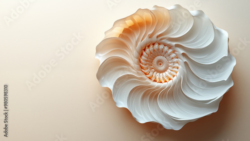 Elegant nautilus shell spiral on light background. Concept of natural geometry and golden ratio