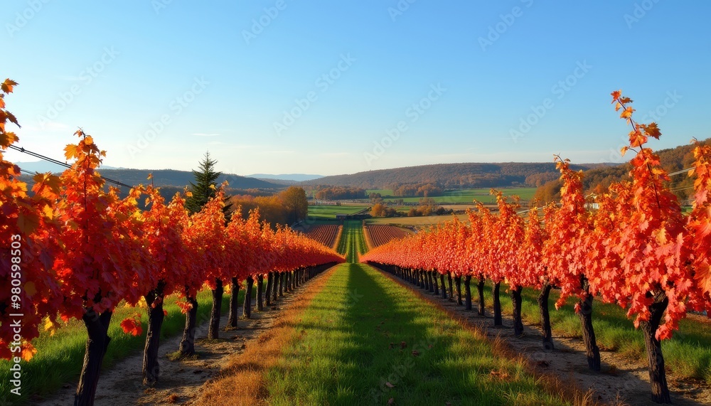 Fototapeta premium Picturesque autumn vineyard with rows of grapevines turning shades of red and orange and a clear blue sky