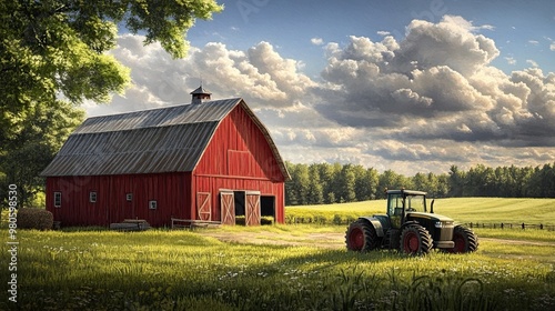 Beautiful Red Barn with Tractor in Serene Countryside Landscape photo