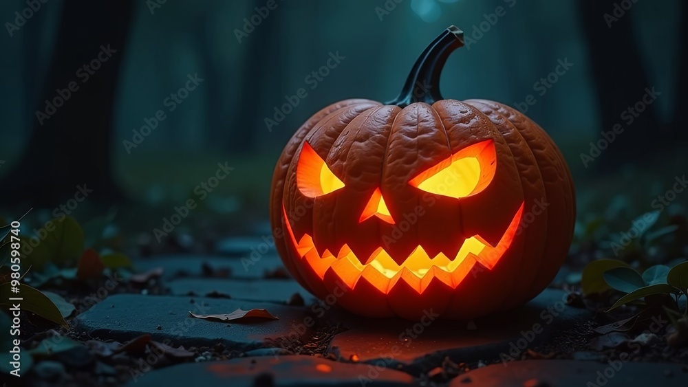 jack o pumpkin lanterns in spooky forest at Night. Halloween Background