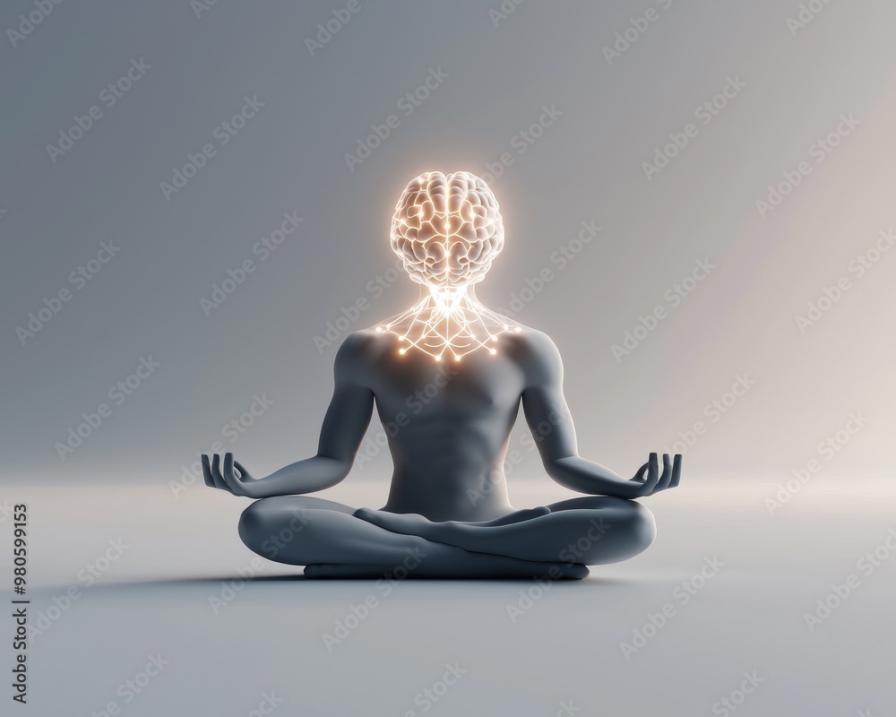 A human figure meditating with a glowing brain in place of a head, symbolizing mindfulness and inner peace.