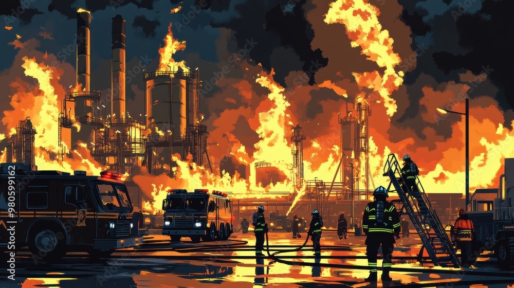 Obraz premium Dramatic illustration of firefighters battling a massive industrial fire with giant flames rising into the night sky capturing their bravery and determination.