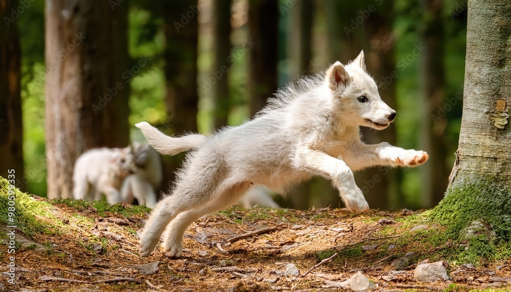 Fototapeta premium White wolf pup leaping in forest