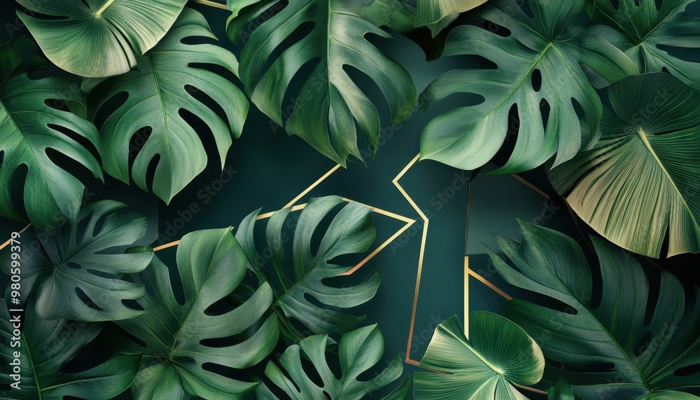 custom made wallpaper toronto digitalTropical leaves with gold geometric shapes on a dark green background.