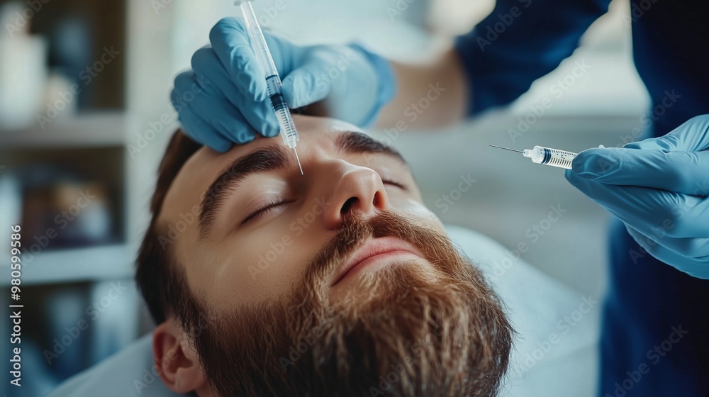 A professional administering a cosmetic treatment to a man at a clinic during daytime for aesthetic enhancement