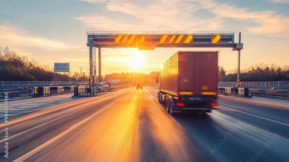 Sunset Drive Through Toll Booth with Cargo Truck