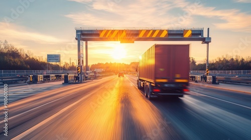 Obraz na płótnie Sunset Drive Through Toll Booth with Cargo Truck w salonie