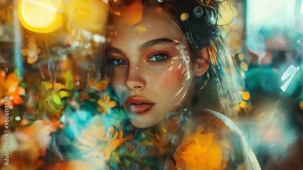 A woman with a flower in her hair is the main subject of the image. The flowers are in various colors and are scattered throughout the picture. Scene is bright and cheerful