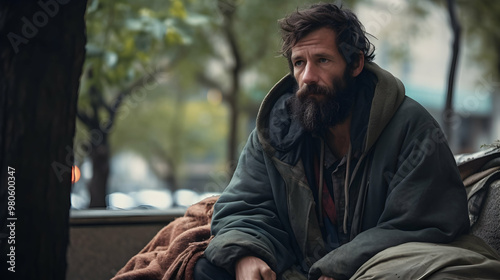 A homeless individual seeking refuge in a public park