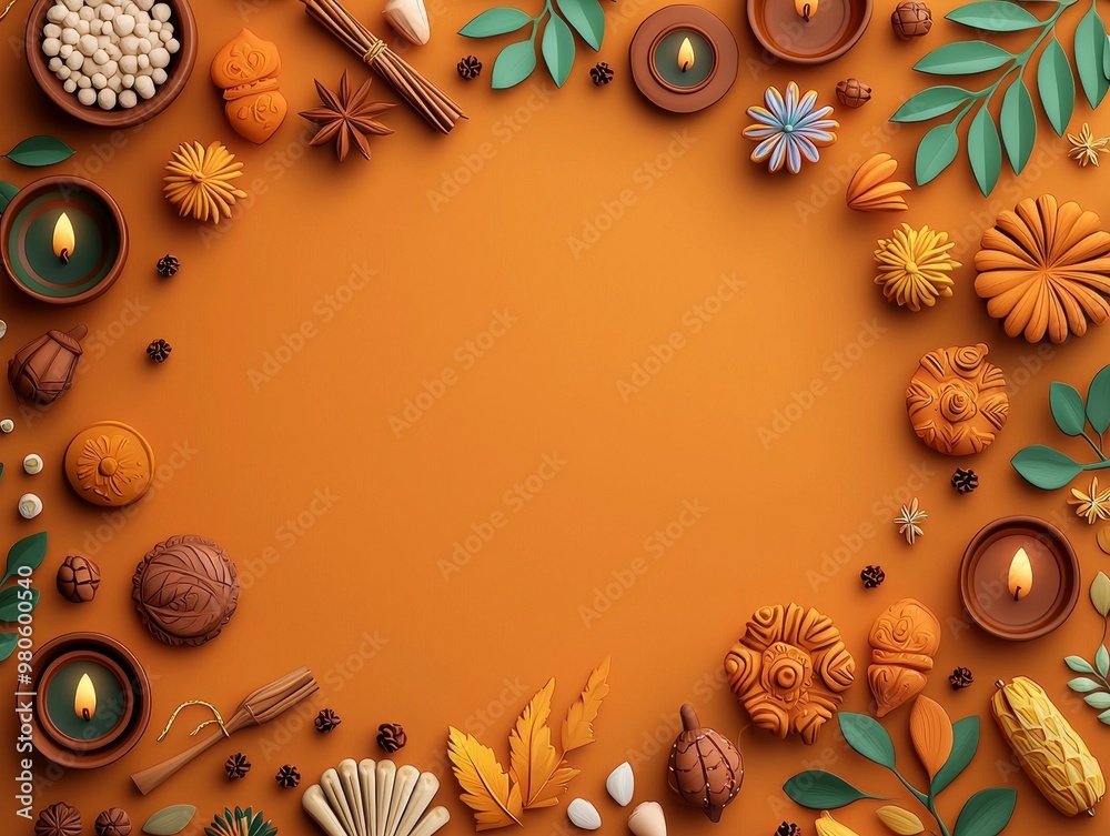 Autumnal frame with leaves, spices, candles and flowers on orange background. Perfect for fall and Thanksgiving themes. Autumnal frame with leaves, spices, candles and flowers on orange background. Perfect for fall and Thanksgiving themes.